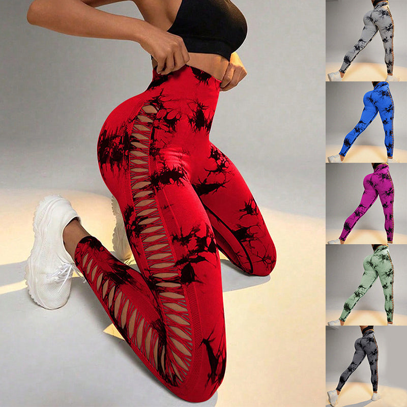 Hollow Tie Dye Style Printed Yoga Pants.