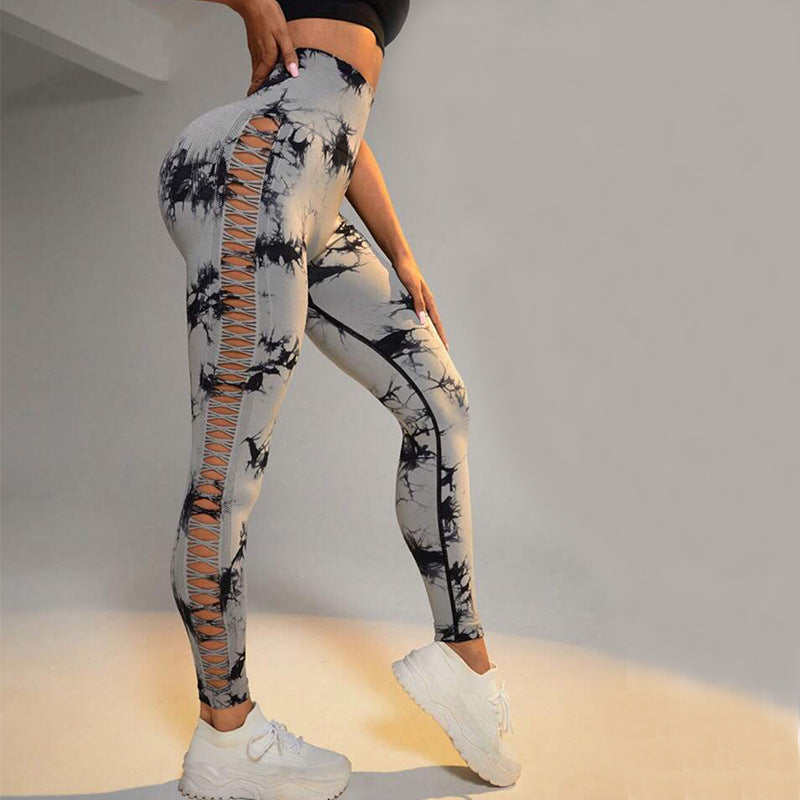 Hollow Tie Dye Style Printed Yoga Pants.