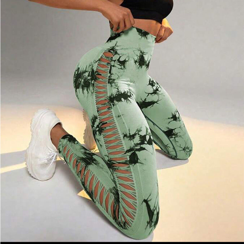 Hollow Tie Dye Style Printed Yoga Pants.