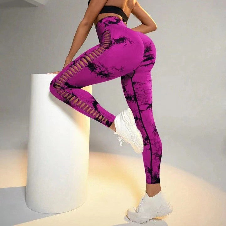 Hollow Tie Dye Style Printed Yoga Pants.