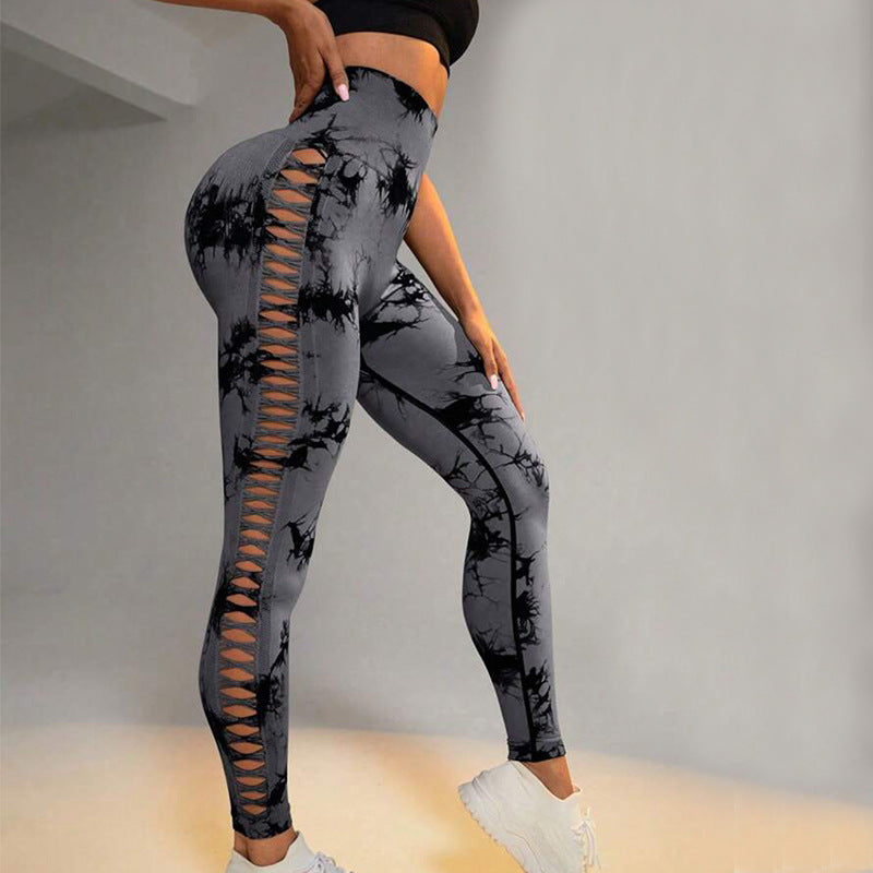 Hollow Tie Dye Style Printed Yoga Pants.