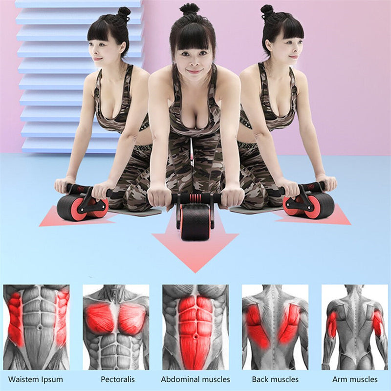 Double Wheel Abdominal Exerciser for Women /Men. Featuring automatic Rebound tech. This Ab Wheel Rolleris a Waist Trainer, portable Gym and Sports Home Exerciser all in one. Devices