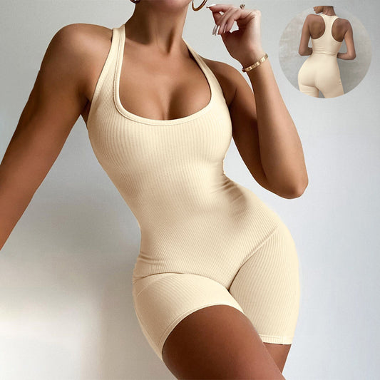 Trendy, Sleeveless, Backless Jumpsuit featuring solid Colors. Suitable for general Fitness Sports, Yoga, or many floor exercises. This is also known as: Leggings Shorts, Bodysuits, Women Slim Yoga One Piece, Rompers.