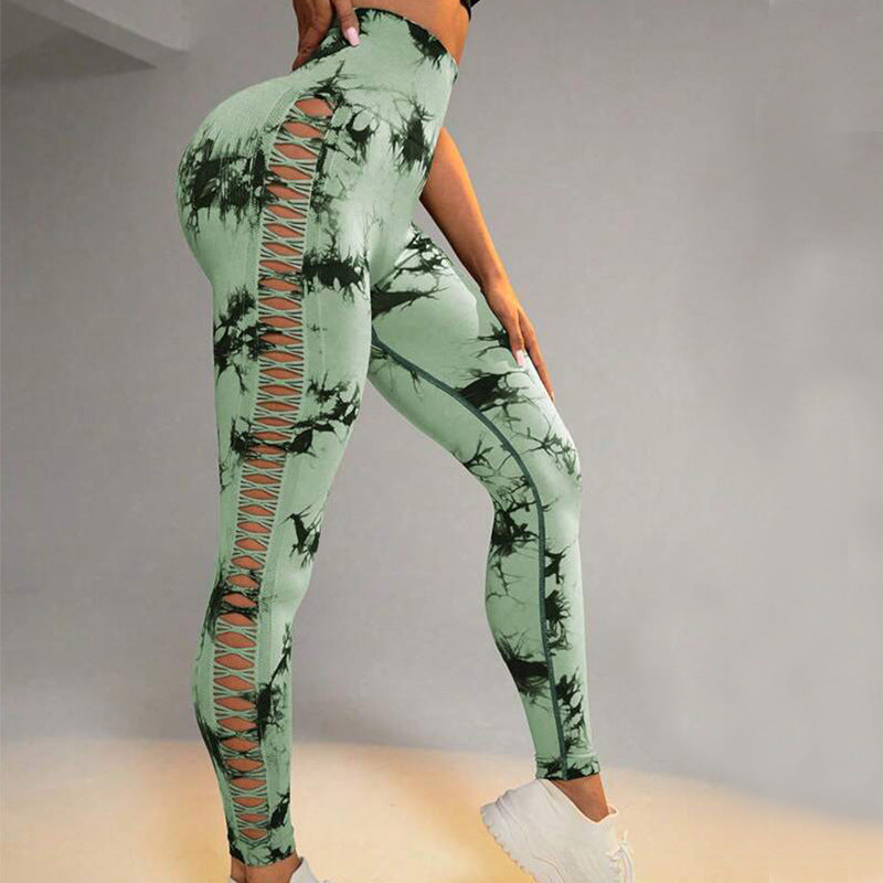 Hollow Tie Dye Style Printed Yoga Pants.