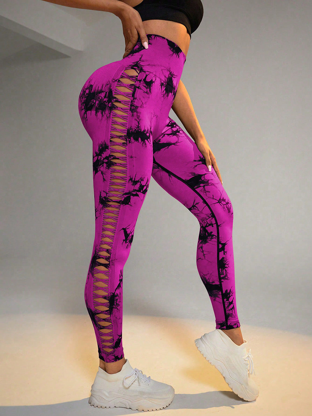 Hollow Tie Dye Style Printed Yoga Pants.