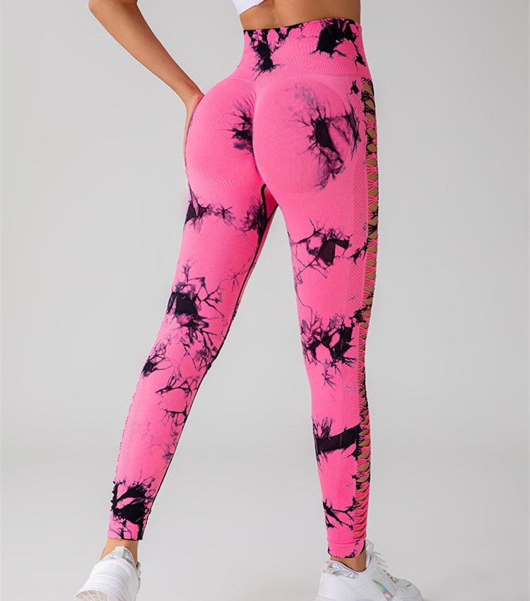 Hollow Tie Dye Style Printed Yoga Pants.